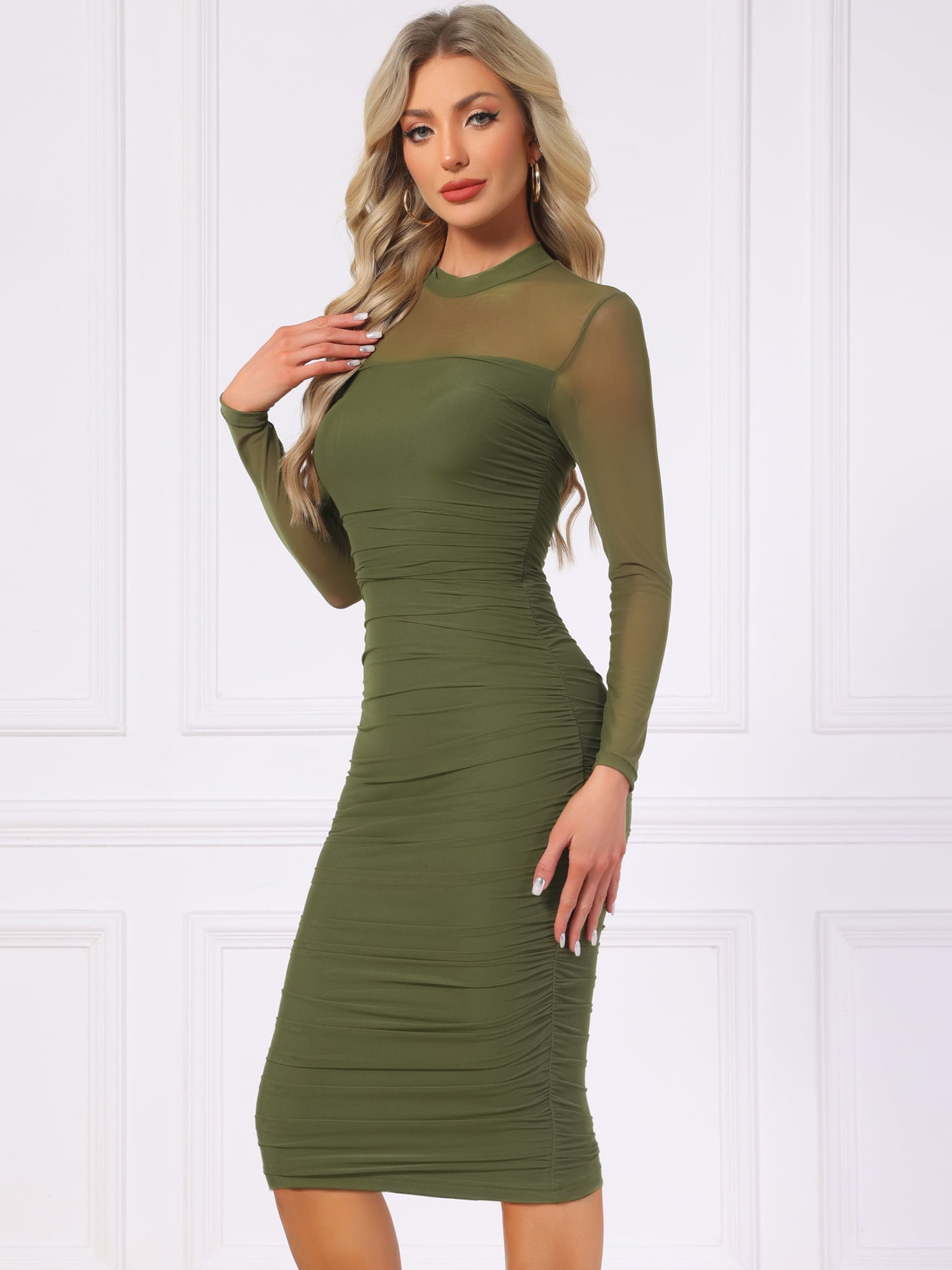DARING DIVA Mesh Ruch Elegant Cocktail Bodycon Dress S Olive Green