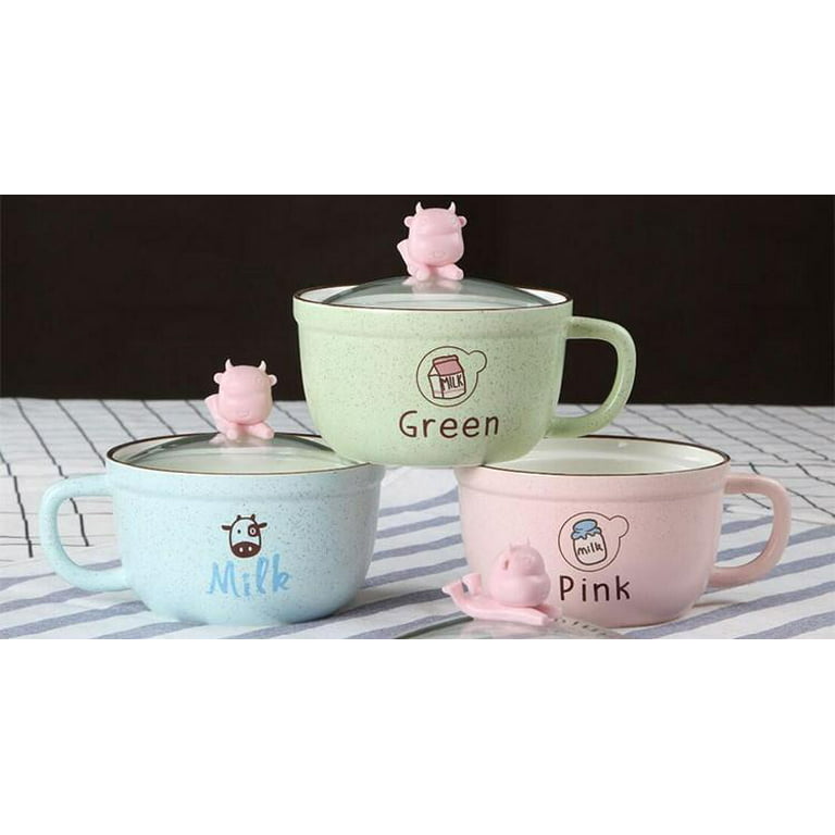 Cute Microwavable Ceramic Noodle 2 Bowls Set with Handle and Smiling Bowl Lid Redheart