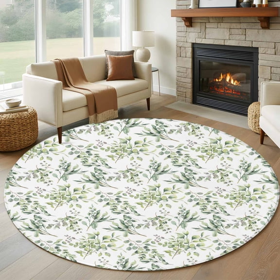 Round Area Rug 6 Ft, Sage Green Eucalyptus Washable Non-Slip Circle Carpet for Living Room/Bedroom, Spring Watercolor Botanical Leaves Low-Profile Indoor Mats Collection Rugs for Residential
