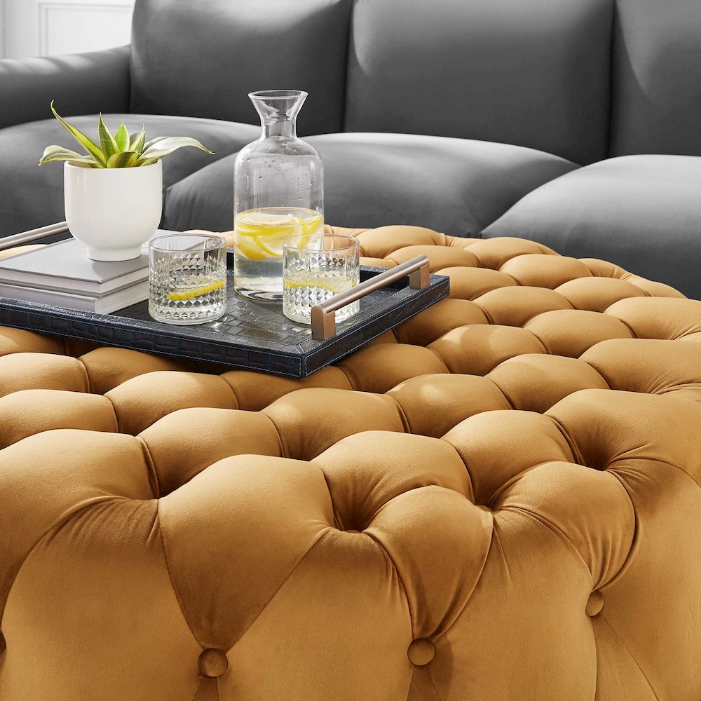 Modway Amour Modern Button Tufted Round Velvet Ottoman in Cognac Brown