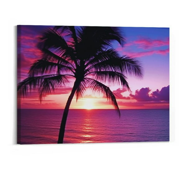 Creowell  Beautiful-beach-and-purple-sky-sunset Poster Canvas Picture Printing Art Decoration Living Room Bedroom Home Background Wall Decoration (20x16 Inch- Framed)