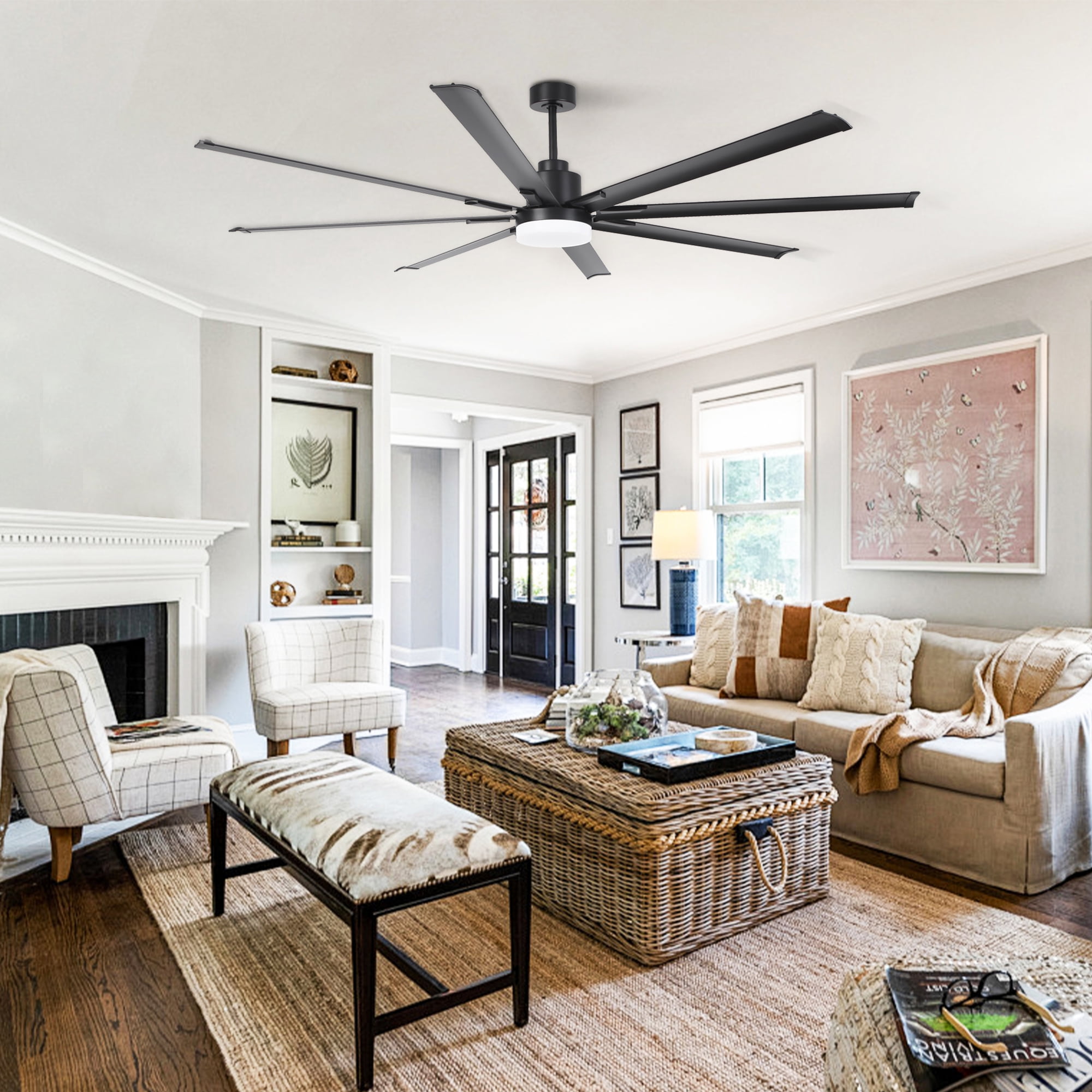 84" Industrial Black Large DC Motor Ceiling Fan with LED Light and Remote Control