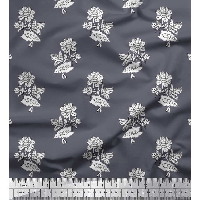 Soimoi Polyester Crepe Fabric Leaves & Floral Block Decor Fabric Printed Yard 52 Inch Wide