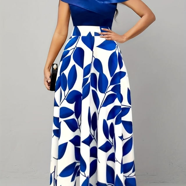 Vestido Con Hombros Descubiertos Y Estampado De Plantas, Vestido Largo Elegante Con Cintura Delgada, Ropa De Mujer