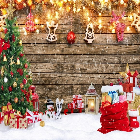 Festive Wood Backdrop with Gifts and Snowflakes for Holiday Celebrations, Perfect for Family Gatherings and Parties, 8x6FT, Create Magical Memories Together