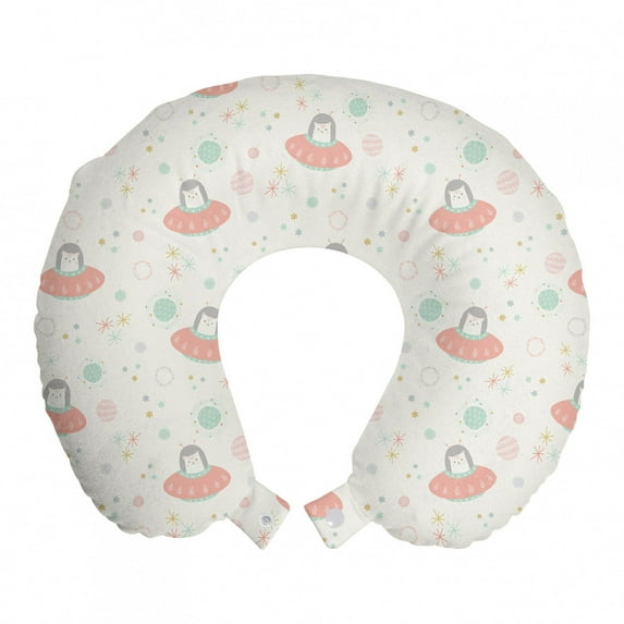 Nursery Travel Pillow Neck Rest, Pastel Art Continuous Pattern of Space Cats with Stars and Planets, Memory Foam Traveling Accessory Airplane and Car, 12", Eggshell Multicolor, by Ambesonne