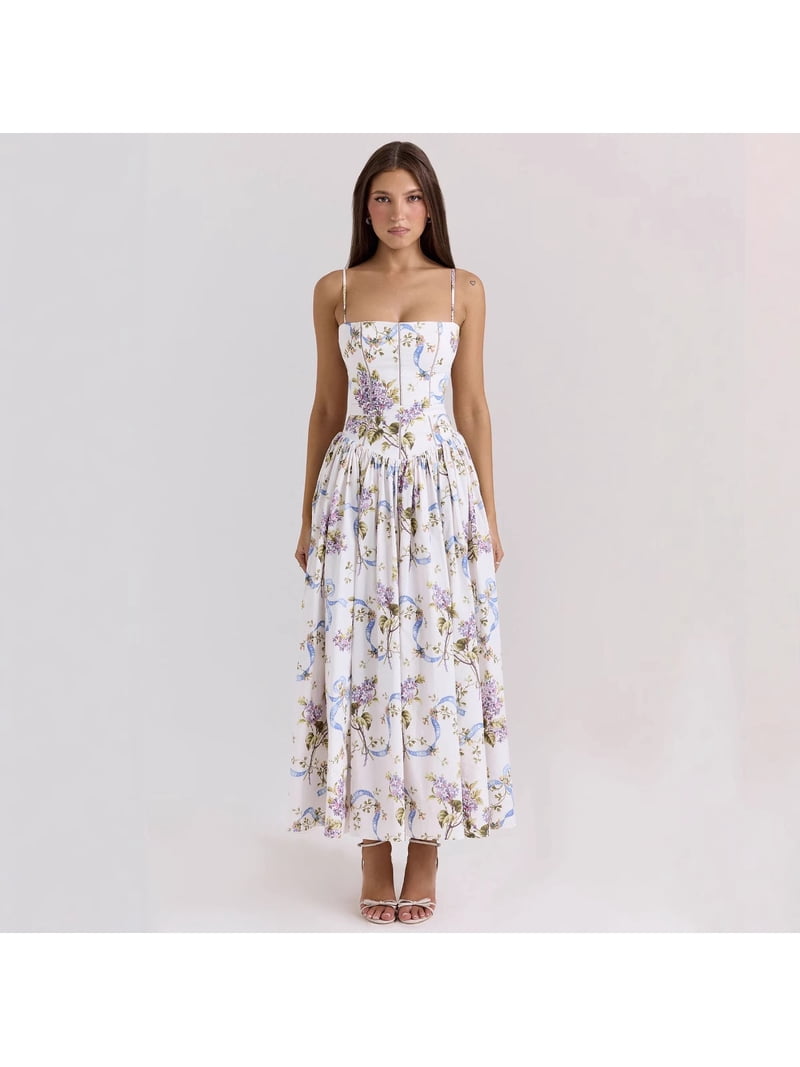 ditsy floral corset dress Allison Kelly Ditsy Floral Print Sweetheart Neck Short Puff Sleeve Corset Dress, Womens, Juniors, M, Dark Navy/Blue