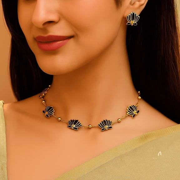 Elegant Black Lotus Flower Necklace & Earrings Set – Gold-Plated Enamel Jewelry for Women
