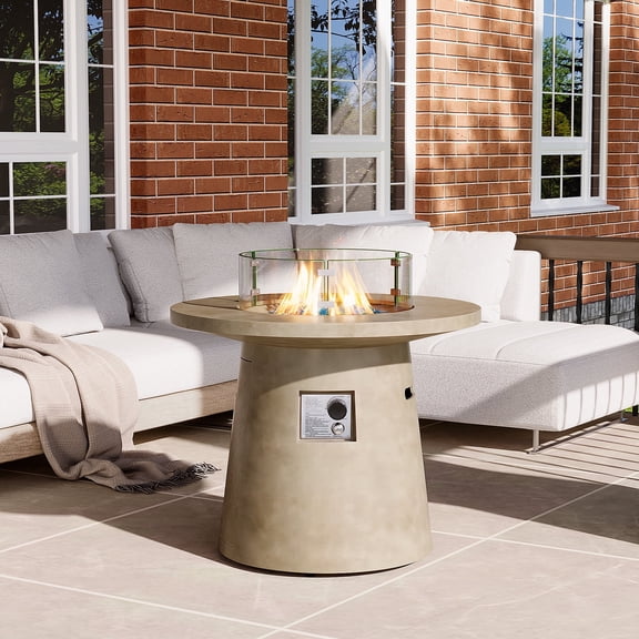 VENTOPYR 31.5'' Round Propane Fire Pit,40,000 BTU Concrete Fire Pit Table with Fire Glass