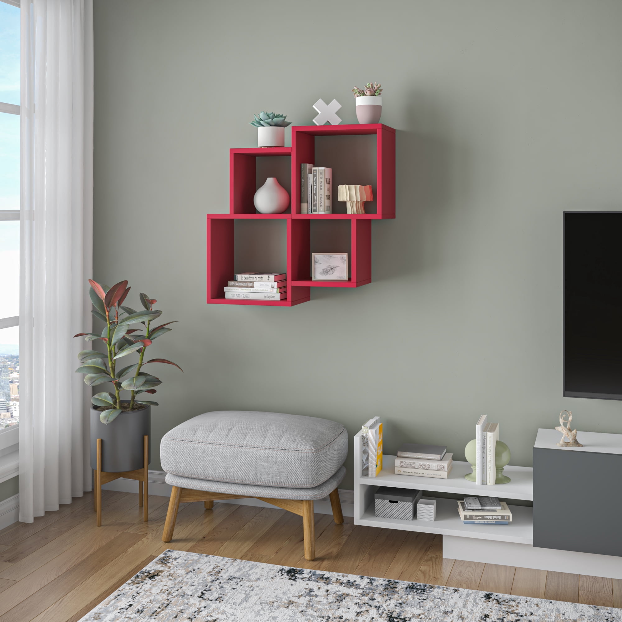 Ada Home Decor Furniture 39.37" 2 Tier Burgundy Watkins Modern Wall Shelf