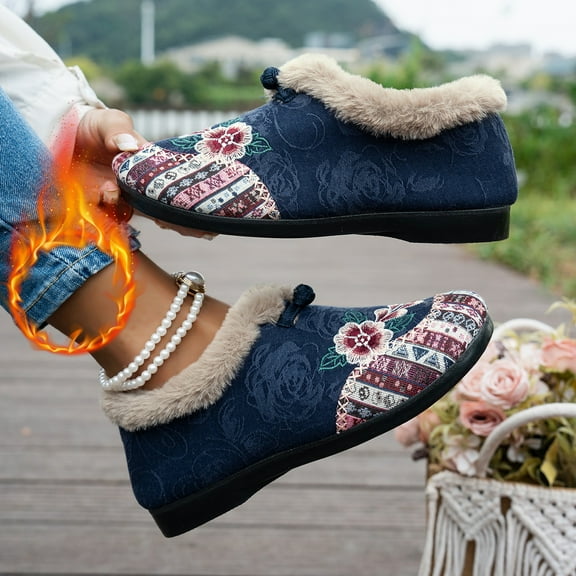 Women’s Warm Floral Embroidered Winter Shoes,Cozy Lightweight Non-Slip Everyday Shoes,Warm Plush Slip-On Booties (Blue,36)