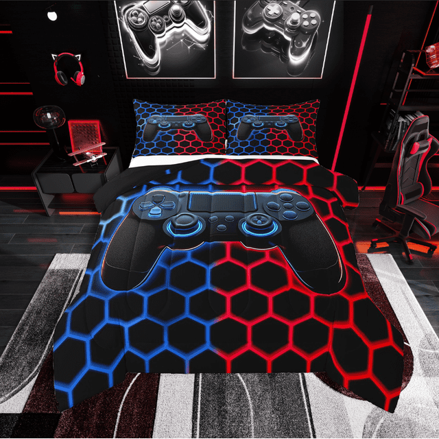 Erosebridal Ensemble de Couette Très Grand Gamer Manette de Jeu, Ensembles de Literie Alvéoles Rouge Bleu Très Grand avec Couette, Décor Géométrie, Réversible, Léger, 3 Pcs