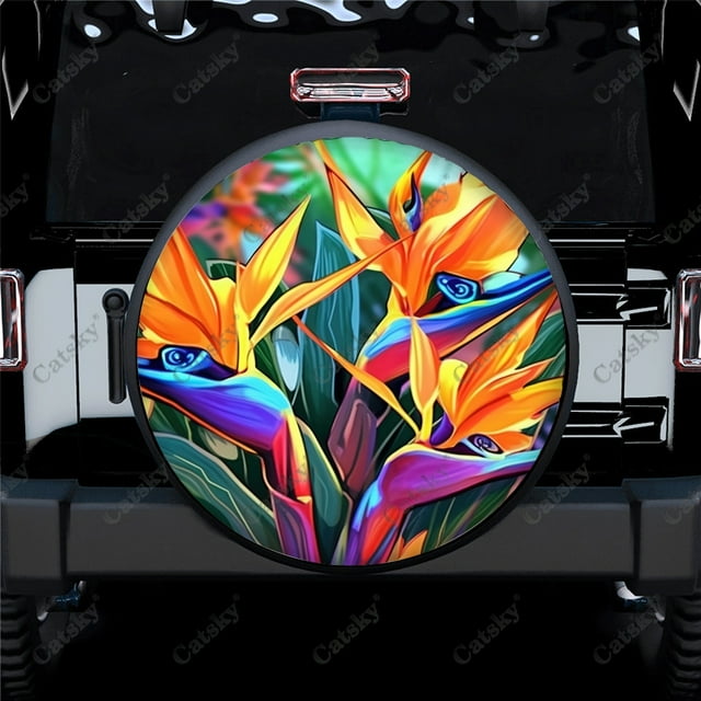 Colorful Strelitzia Flower Pattern Polyester Universal Spare Wheel Tire Cover Wheel Covers for Trailer RV SUV Truck Camper
