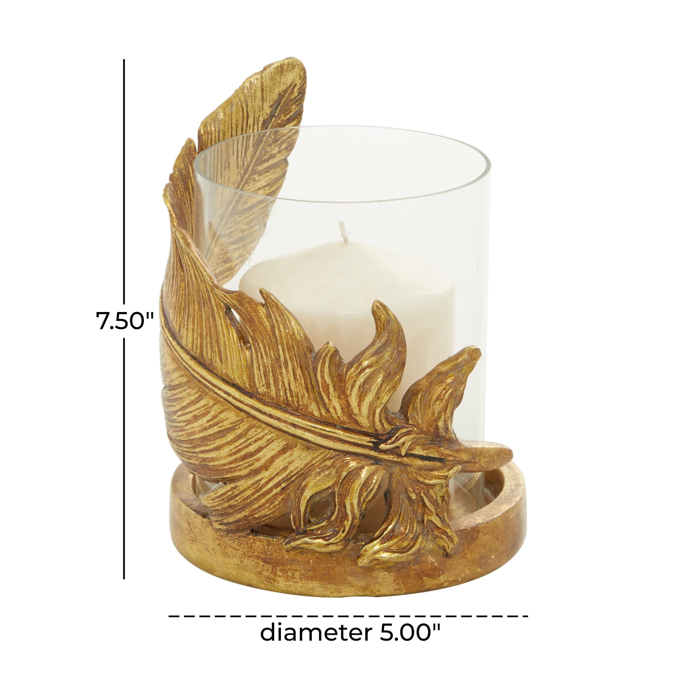 DecMode Gold Glass Bird Feather Pillar Hurricane Lamp