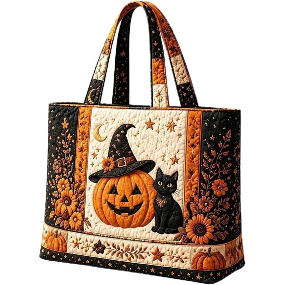cbzote Halloween Quilted Tote Bag for Women,Spooky Quilted Large Capacity Pouch Pumpkin Cat Witch Hat Print,Black,one size,halloween decoration