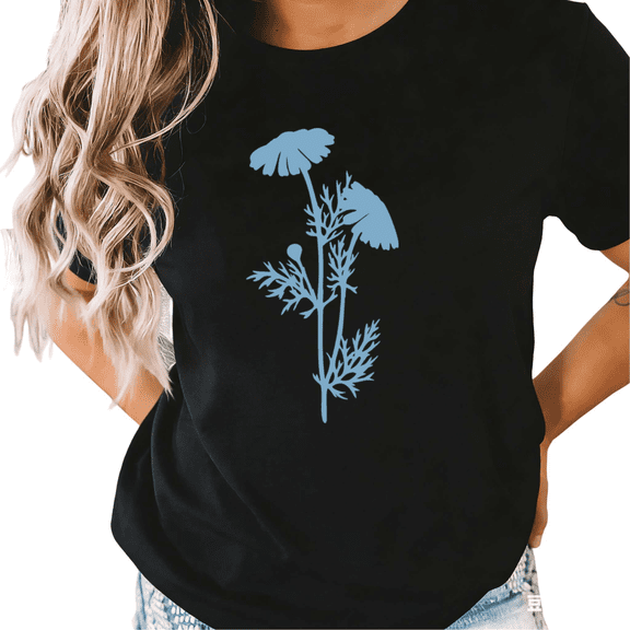 UNISHE Women Blue Daisy Wildflower Minimal Silhouette Botanical Simple S-5XL Short Sleeve Black Tops