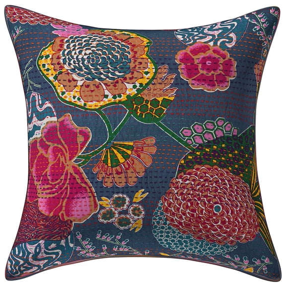 Stylo Culture Ethnic Sofa Throw Pillow Cover 18x18 Kantha Bluish Grey Printed 45x45 cm Home Decor Accent Pillowcase Cotton Tropicana Square Cushion Cover | 1 Pc