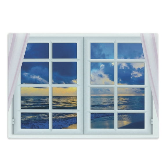 Landscape Cutting Board, Sunset on the Sea Scenery from Window with Open Curtains Horizon Silence Relaxing, Decorative Tempered Glass Cutting and Serving Board, Large Size, Blue White, by Ambesonne