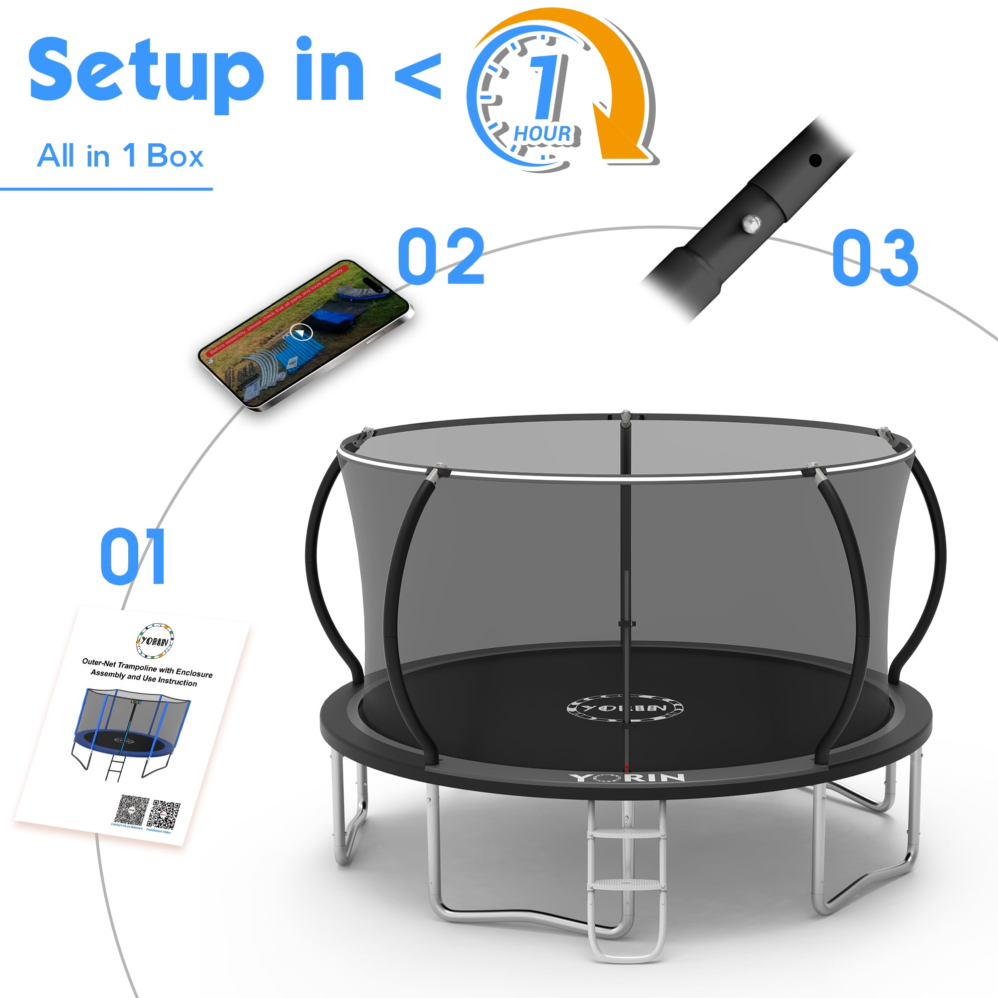 YORIN Trampoline for 5-6 Kids, 14 FT 8 FT 10FT 12FT Trampoline for Adults with Enclosure Net, Ladder, Light, 1400LBS Weight Capacity Outdoor Round Recreational Trampoline, Heavy Duty Trampoline