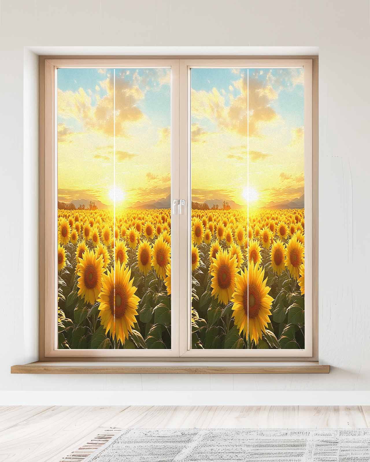 Window Privacy Film Sunflower Flowers Stained Glass Window Film Decorative Sun Block Window Cover Summer Watercolor Floral Field Window Clings Static Adhesive Sticker for Bathroom 23.6"x59"
