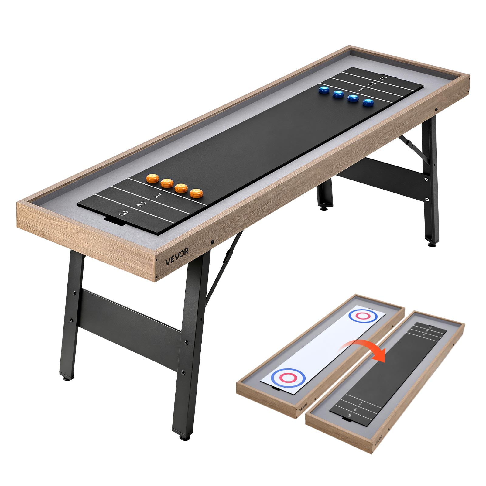 VEVOR 7 ft Shuffleboard Table, 2 in 1 Shuffleboard and Tabletop Curling Combo Game, Compact Shuffle Board with Smooth Surface, Folding Legs, 8 Pucks, Easy to Disassemble and Move,for Family Game Room