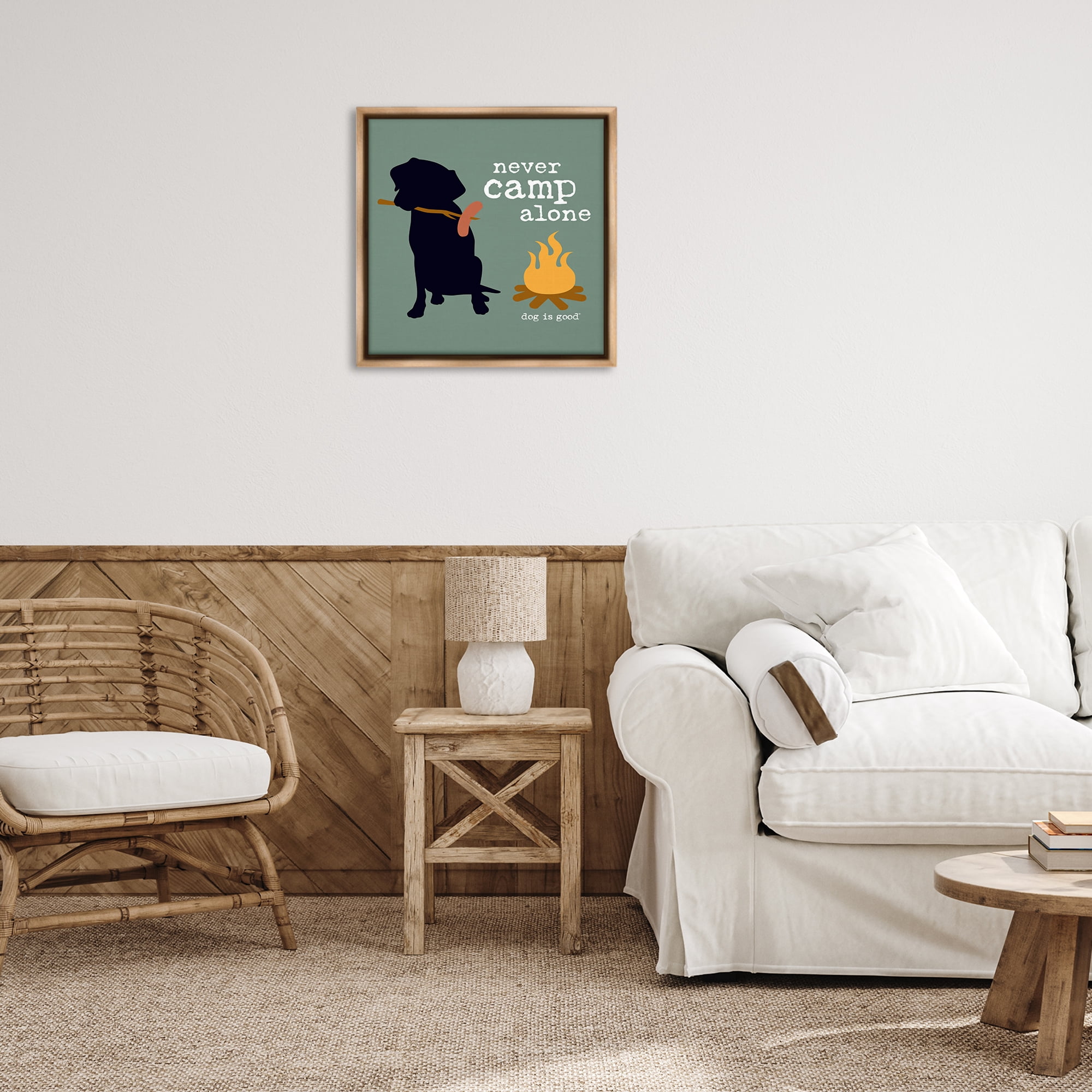 Stupell Industries Never Camp Alone Dog Animals Painting Brown Floater Framed Canvas Art Print Wall Art, 25 x 25