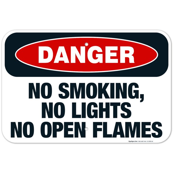 No Smoking, No Lights No Open Flames Sign, OSHA Danger Sign, 12x18 Aluminum