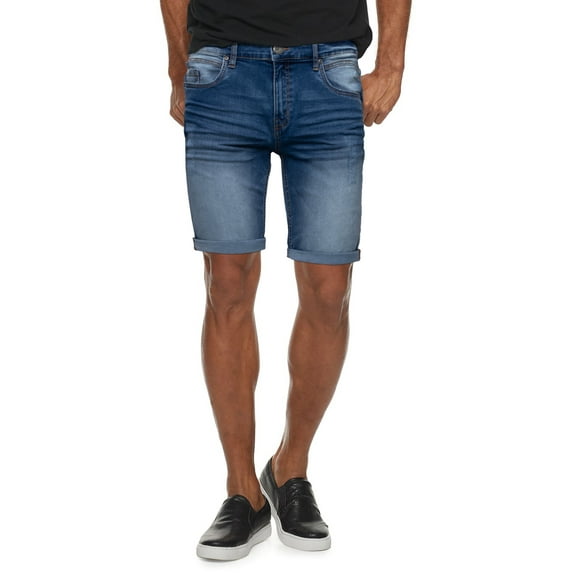 X RAY Men's Rolled Up Denim Shorts, Stretch Slim Skinny Fit, Distressed, Ripped, Bermuda Jeans Short, Medium Blue - Scratched Rip, Size 38