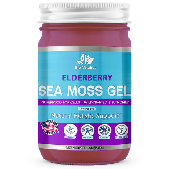 Sea Moss Gel by BioVItalica (Elderberry) - Irish sea Moss Dr Sebi, Vegan superfood for Cells Wildcrafted Irish Sea Moss Gel  Rich in Minerals, Proteins & Vitamins  Antioxidant