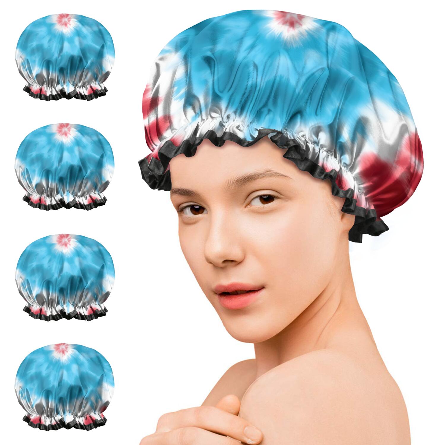 Shower Caps,Red Blue Tie Dye Spiral Waterproof Shower Cap for Women 4 Pieces,Double Reusable Hair Cover for Shower PEVA Elastic Stretch Hem