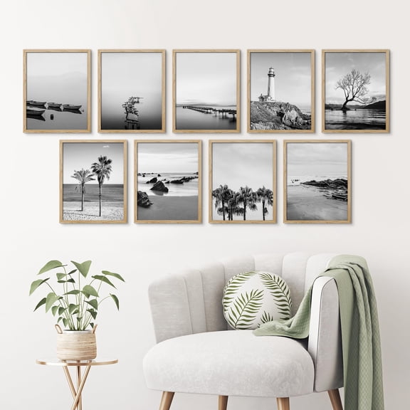 PixonSign Framed Canvas Print Wall Art Set - Black & White Ocean Seaside Posters - Set of 9 Travel Coastal Photography Modern Art Minimal Wall Décor for Living Room, Bedroom - 12"x16" Natural