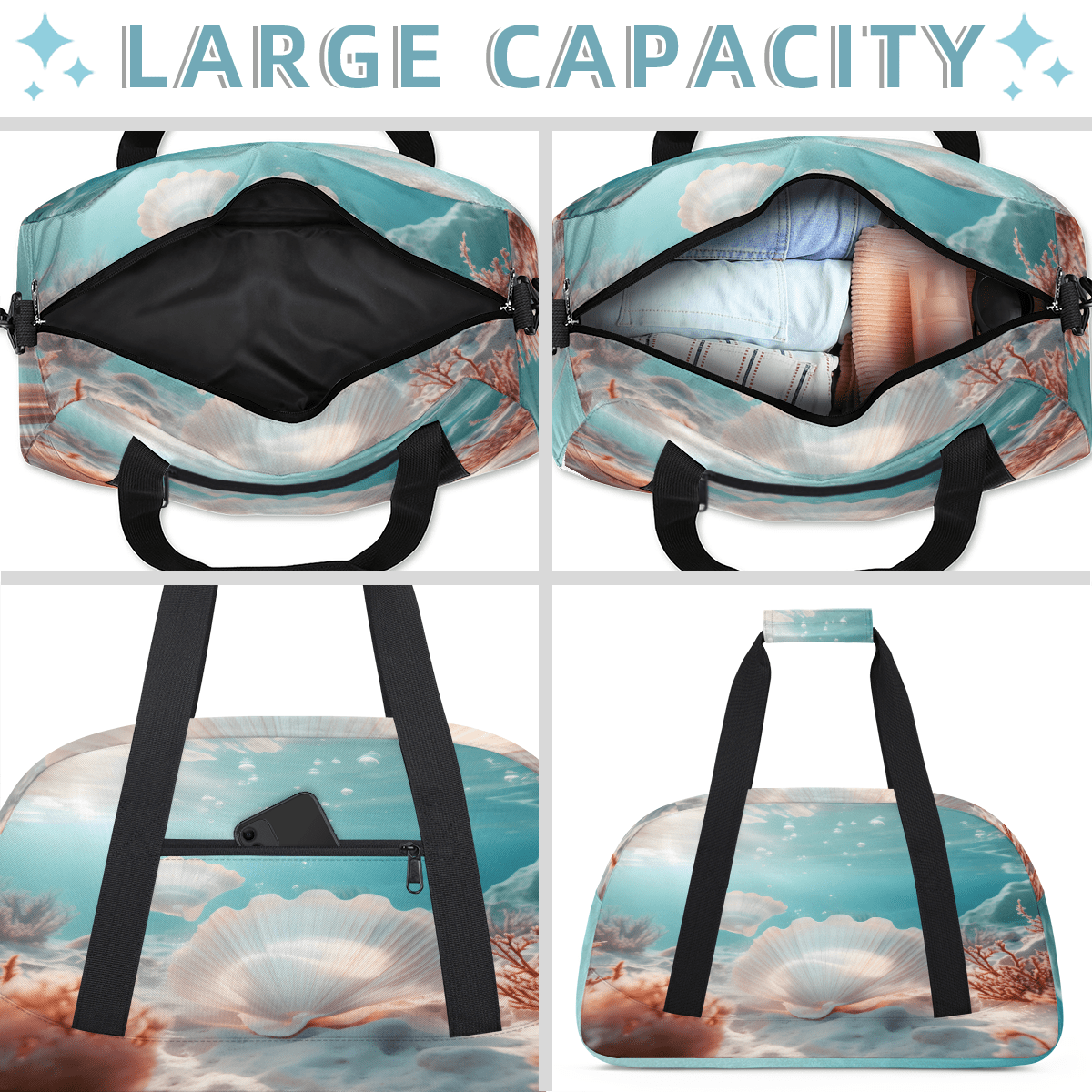 Herdesigns Nautical Coastal Sports Duffle Bag for Women & Men, Ocean Beach Seashell Gym Bag Dance Bag Overnight Bag Carry On Weekender Travel Bag