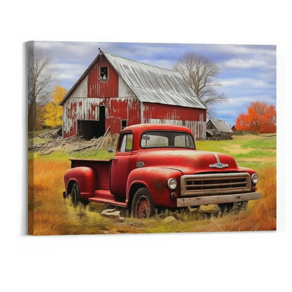 Creowell Vintage Red Truck Wall Art Rustic Red Barn Pictures Wall Decor Country Old Truck Painting Farmhouse Canvas Prints Modern Artwork Framed Home Decor for Kitchen Bedroom Living Room  20x16 inch