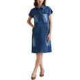 thumbnail image 2 of INSPIRE CHIC Women's Denim Short Sleeve V Neck Button Down Collared with Pockets Midi Shirt Dress XS Denim Blue, 2 of 6