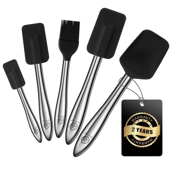 5pcs Silicone Spatula Cooking Utensils Set with Stainless Steel Handles, Premium Heat-Resistant Kitchen Utensils for Baking, Spoonula & Silicone Brush Included, Safe for Nonstick Cookware (Black)