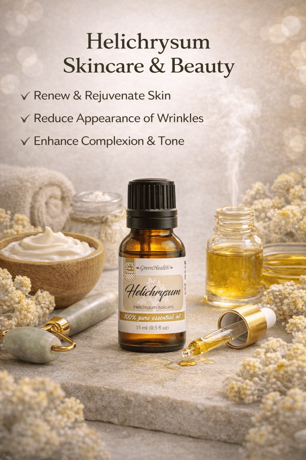 GreenHealth Helichrysum Essential Oil 15 ml (0.5 fl oz) – 100% Pure Immortelle Oil, Amber Glass Bottle w/ Euro Dropper – for Aromatherapy, Skincare, DIY Beauty & Massage Oils