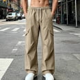 thumbnail image 2 of Danhjin Men's Cargo Pants Wide Leg Elastic Waist with Drawstring Work Casual Hiking Camping Pants Loose Solid Color Trousers with Pockets, 2 of 10
