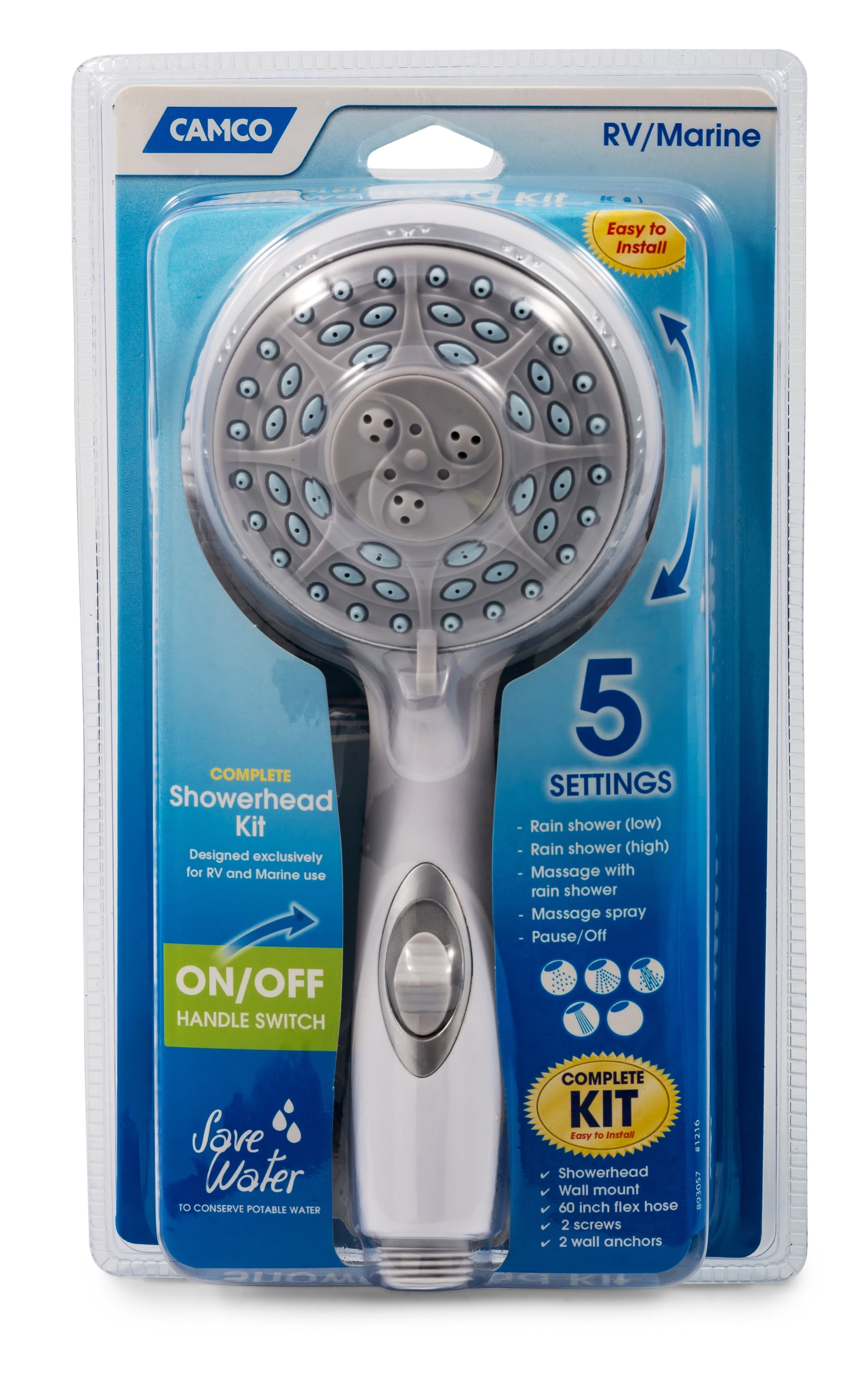 Camco RV Shower Head Kit with on/off Switch and 60-Inch Flexible Hose, White (43714)