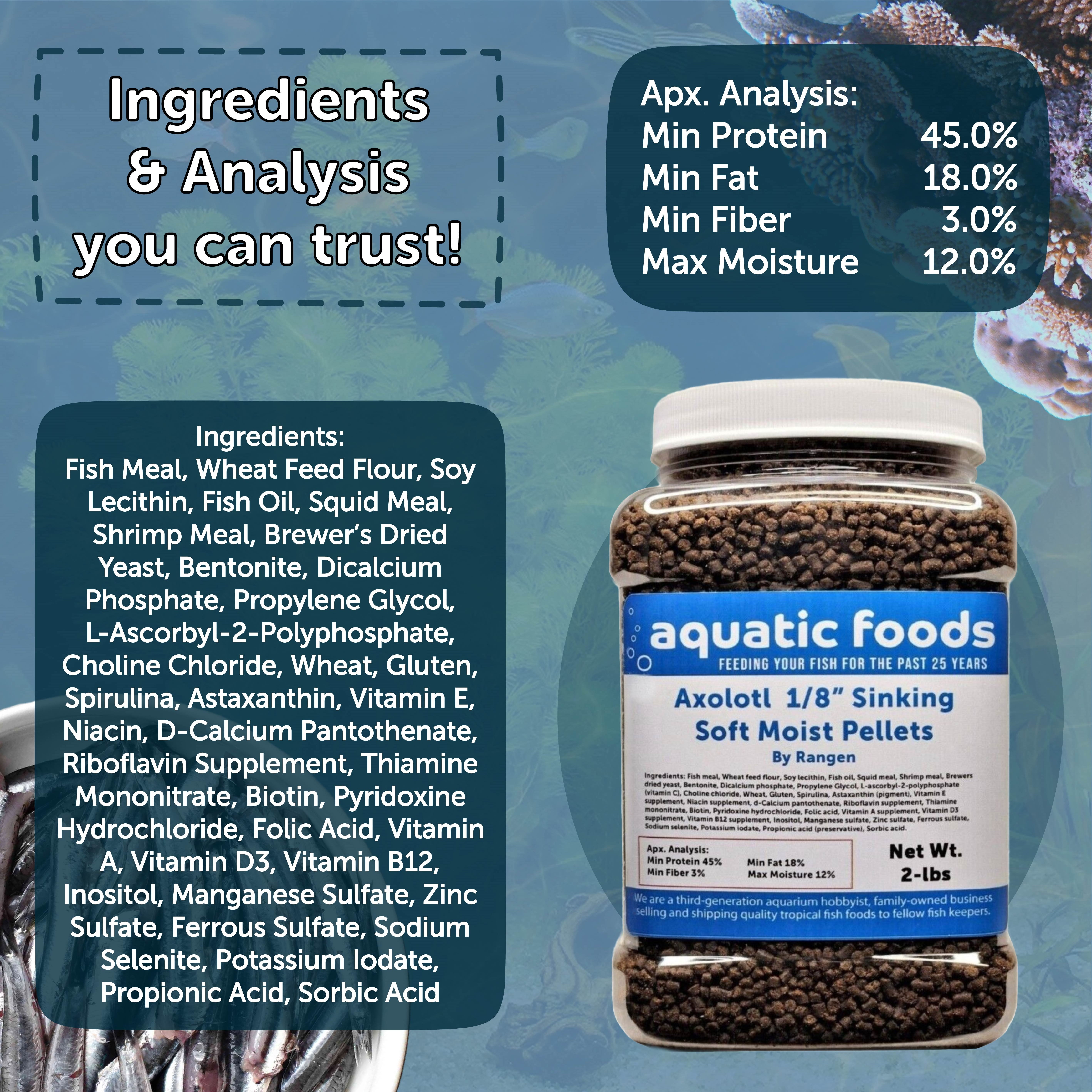 1/8" Soft Moist Sinking Rangen Salmon Pellets for Juvenile Axolotls, Shrimp, Snails, Crabs, Small Amphibians, Bottom Tropical Fish...2-lb Med Jar