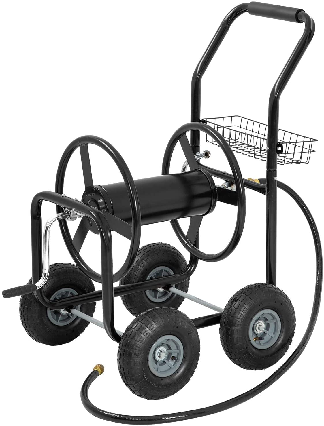 go2buy Heavy Duty Garden Hose Reel Cart with Wheels 300ft Water Hose Holder & Storage Basket 