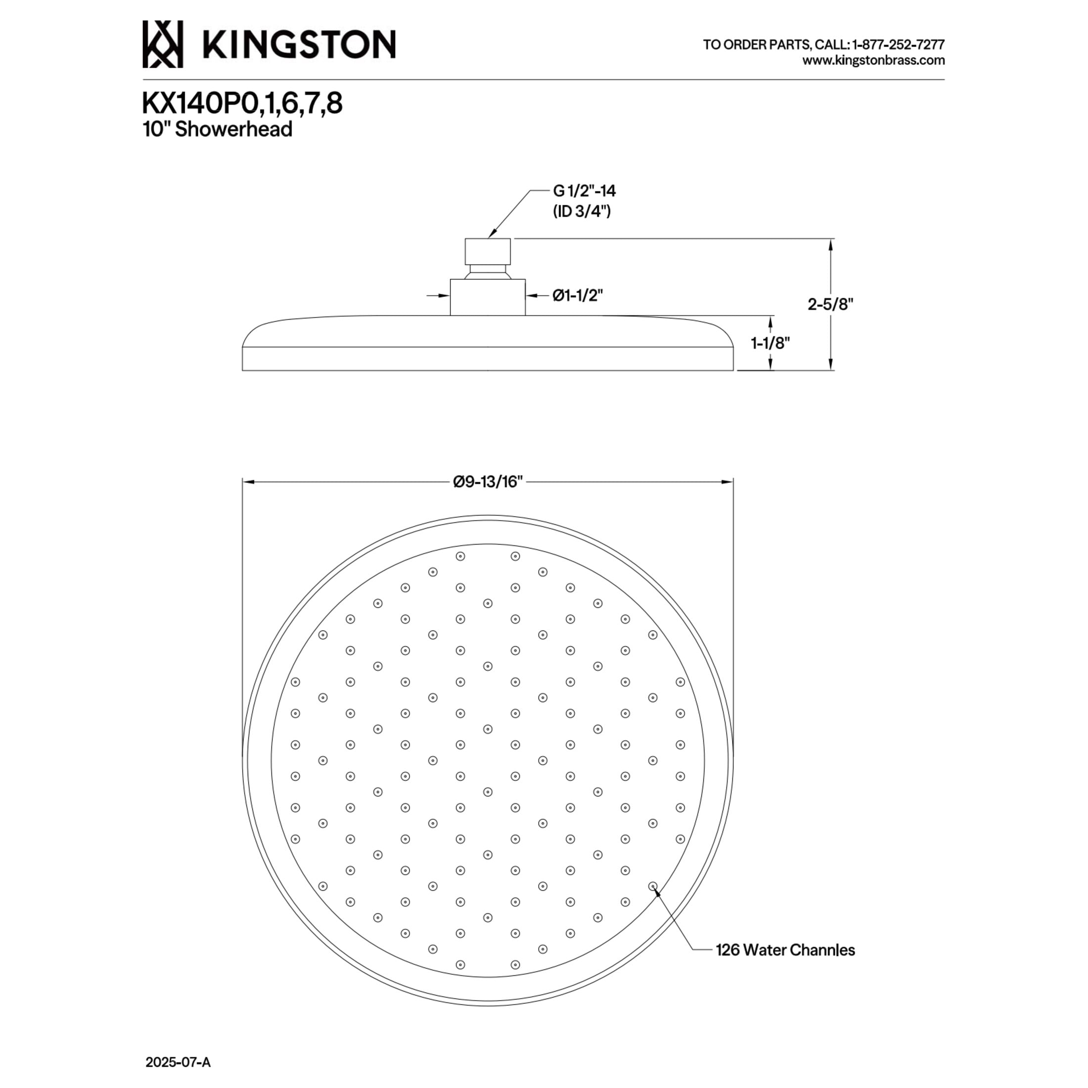 Kingston Brass KX140P7 Slenderain 10" Round Rainfall Shower Head, Brushed Brass