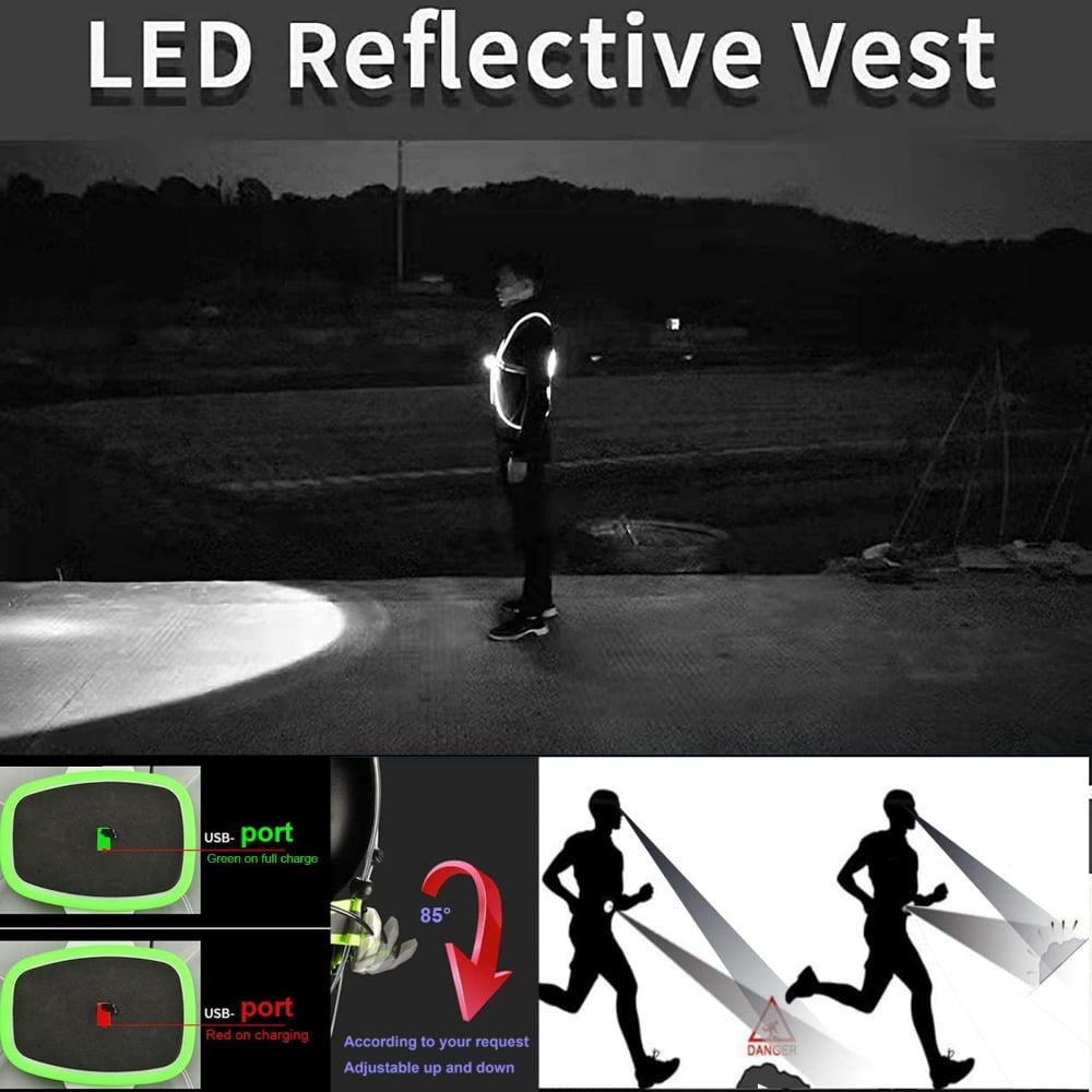 Reflective Vest Running Lights for Runners Reflective Running Vest for Women Kids Men Walking Light for Night Walking Biking USB Rechargeable LED Running Vest