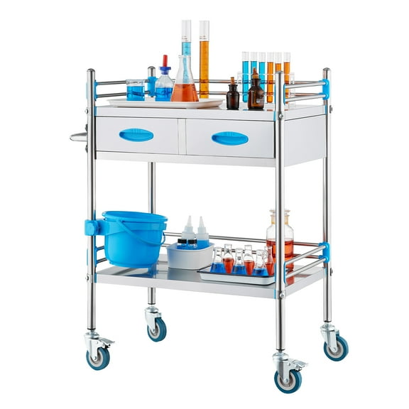 KFFKFF 2-Tier Stainless Steel Rolling Utility Cart with Drawers, Medical Cart Featuring Lockable Wheels and Bucket, Suitable for Laboratory, Hospital, and Dental Applications