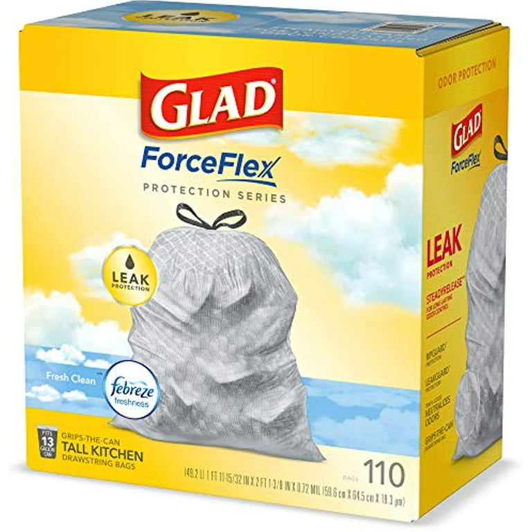 Glad ForceFlex Tall Kitchen Drawstring Trash Bags - 13 Gallon Trash Bag,  Fresh Clean scent with Febreze Freshness - 110 Count 