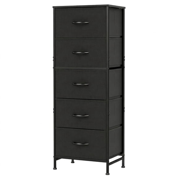 Casabay Tall 5‑Drawer Fabric Storage Chest, Bedside Dresser with Wood Top and Sturdy Metal Frame for Bedroom Closet Living Room,Black