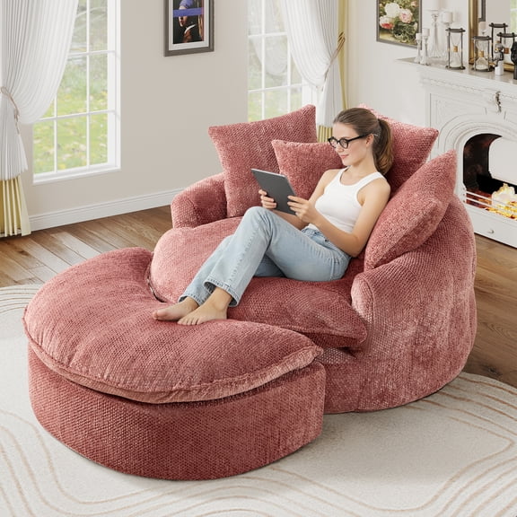Aukfa 75" Oversized Round Chaise Lounge Chair with Half Moon Ottoman, Boneless Cloud Circle Deep Seat Sofa Set for Living Room, 5 Pillows, No Assembly Required, Pink