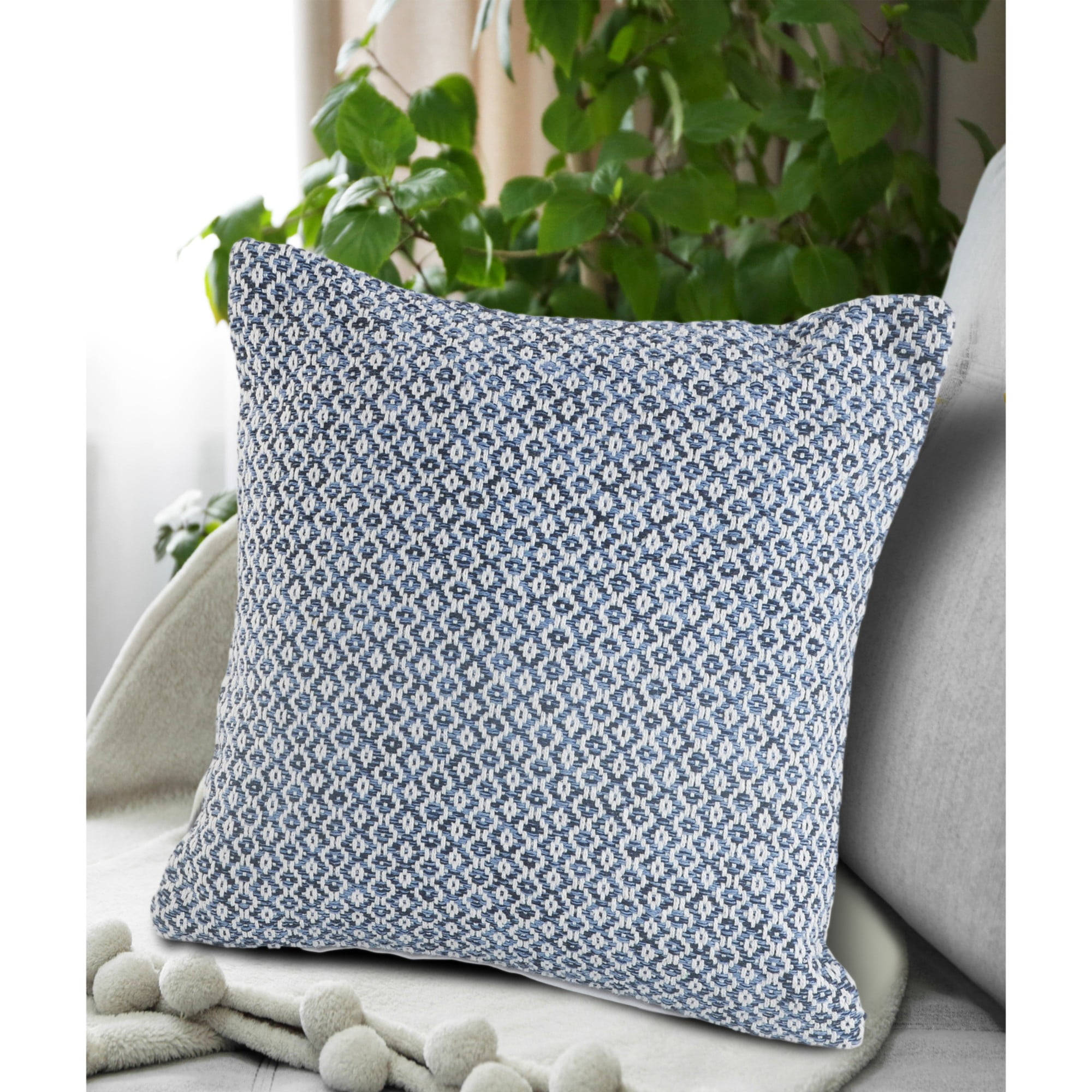 Laddha Home Designs Handwoven Geometric Square Throw Pillows - 18" - Navy Blue and White - Set of 2
