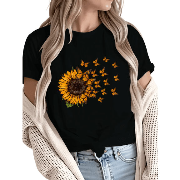 Giffimy Women's Sunflower with Monarch Butterflies Graphic Short Sleeve T-Shirt Casual Cotton Crewneck Top