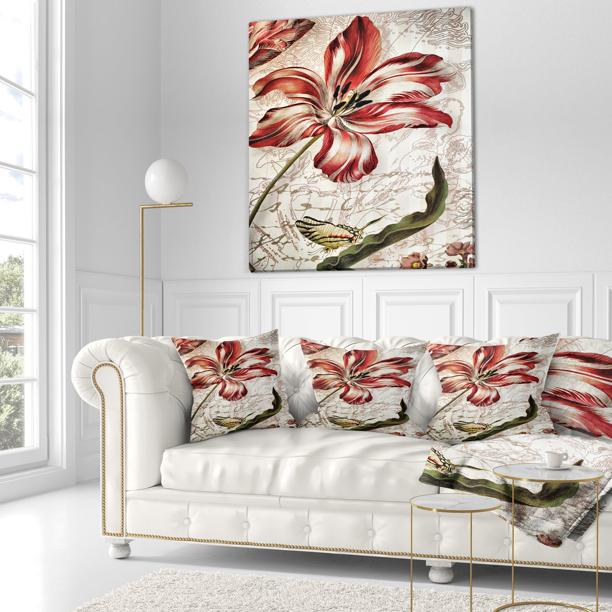 Designart Red Floral Pattern with Butterfly - Floral Throw Pillow - 16x16