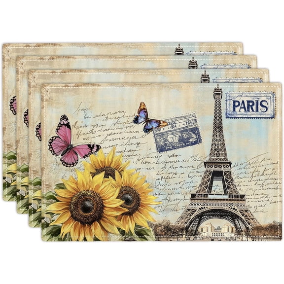 Eiffel Tower Placemats Set of 4, 12x18 Inch Vintage Table Place Mat Sunflower Butterfly Washable Non-Slip Heat Resistant Fabric Placement Mats for Dining Kitchen Indoor Outdoor Decor